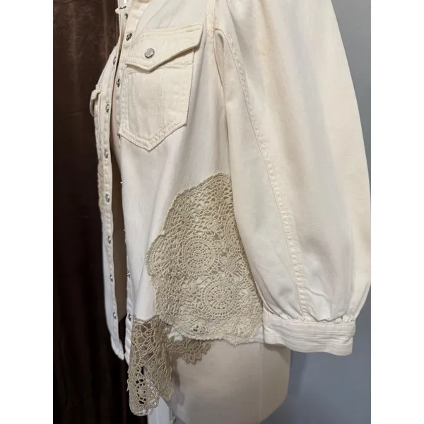 Pilcro Anthropologie XS Shirt Crochet Lace Patchwork‎ Denim Cream Puff Sleeve - Image 13