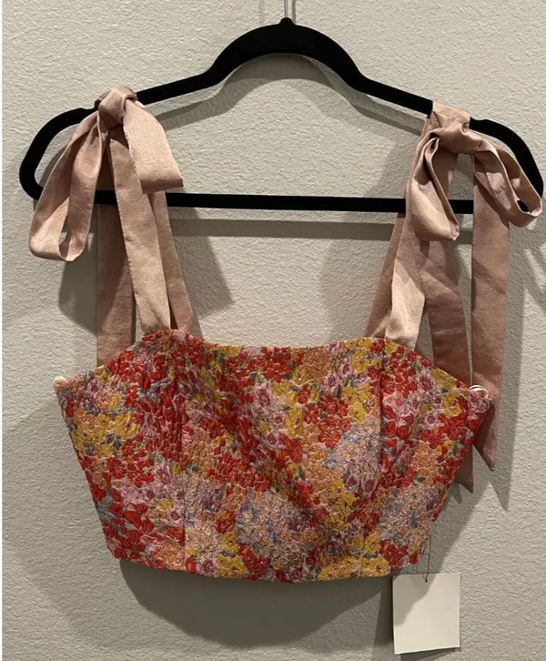 Lulus Red Pink Floral Zipper Crop Top - Image 2