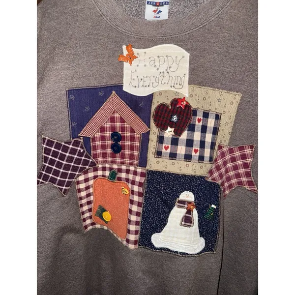 VTG Jerzees Crewneck Sweatshirt XL Patchwork Country Farmhouse Snowman - Image 2