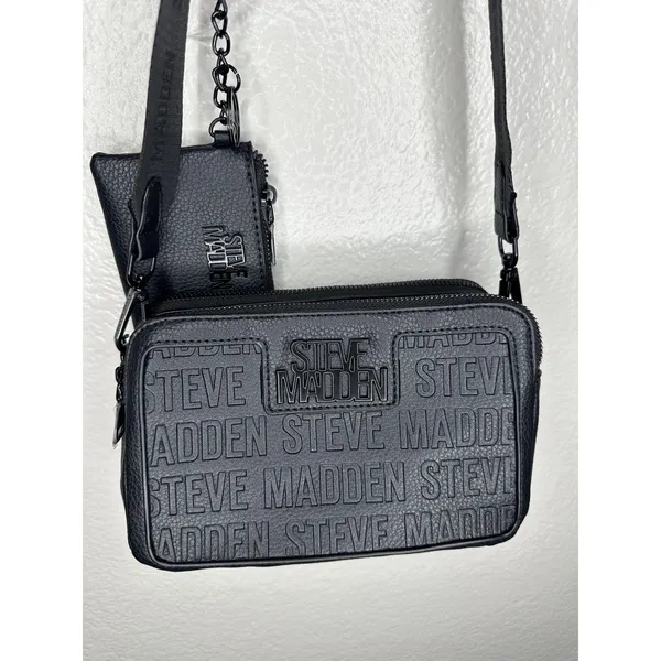 Steve Madden Crossbody Bag Womens Small Black Logo Faux Leather Coin Purse Zip - Image 2