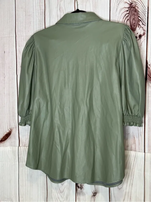 Dolan Sage Green Vegan Leather Puff Sleeve‎ Button Down Top - Image 2