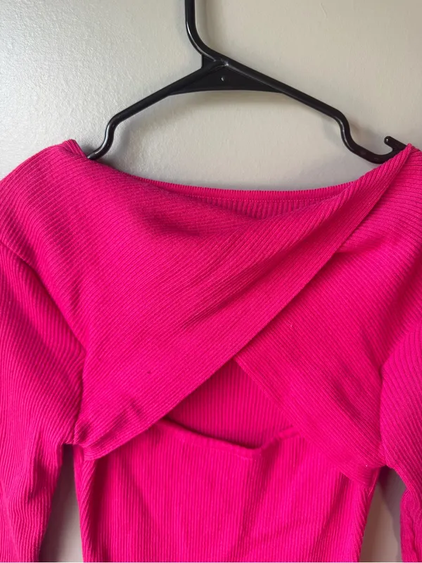Hot Pink Ribbed Cutout Ruffle Hem Sweater Dress XS - Image 3