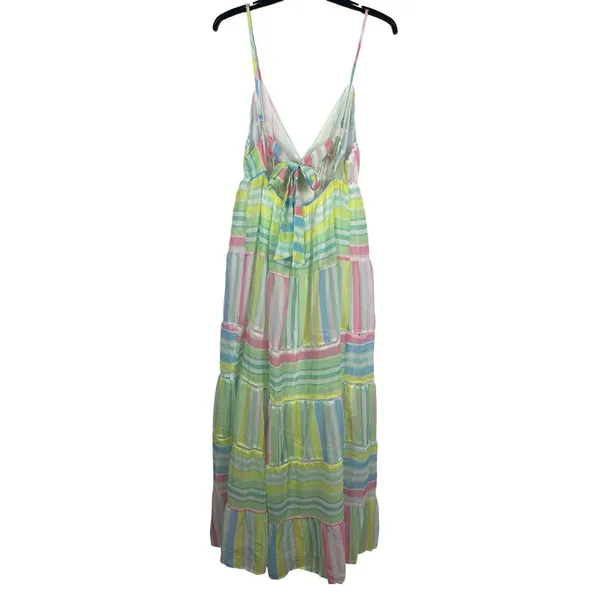 NWT Pastel Stripe Maxi Dress Cottage Coquette Beachy Tiered Tie Back Sundress S - Image 2