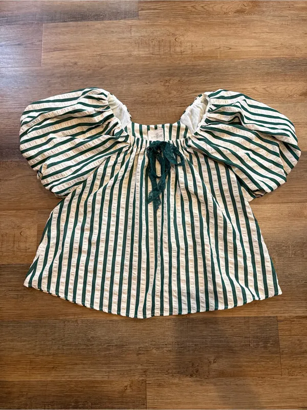 Umgee Green and White Striped Puff Sleeve Peasant Top - Image 3