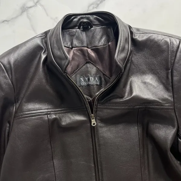 N.Y.D.A Leather Jacket Women Brown Soft Full Zip Modern Minimalist Moto Sz Large - Image 6