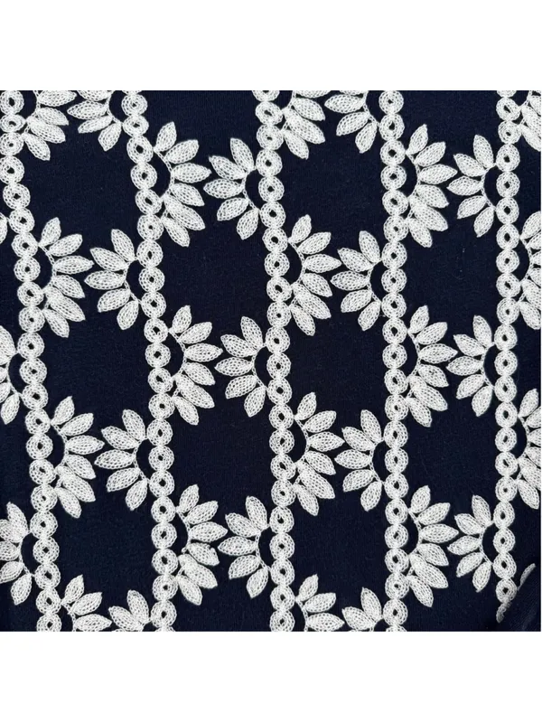 J Crew Lightweight Sweater Navy Blue Cream Embroidery Preppy Daisy Size Medium - Image 4