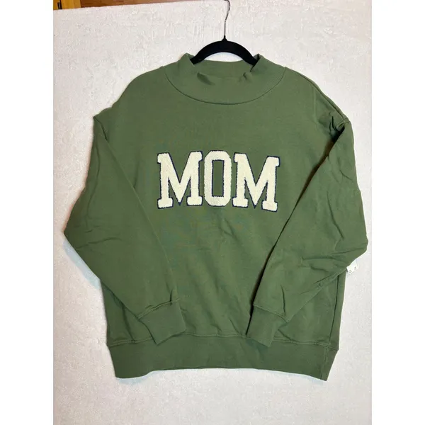 Anthropologie oversized Green MOM Chenille Patch Mock Neck Sweatshirt XS fits M - Image 2