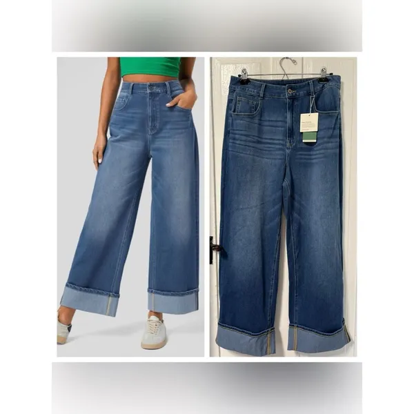 NWT Halara Flex Tall High Waisted Pockets Rolled Hem Wide Leg Washed Denim Large - Image 2