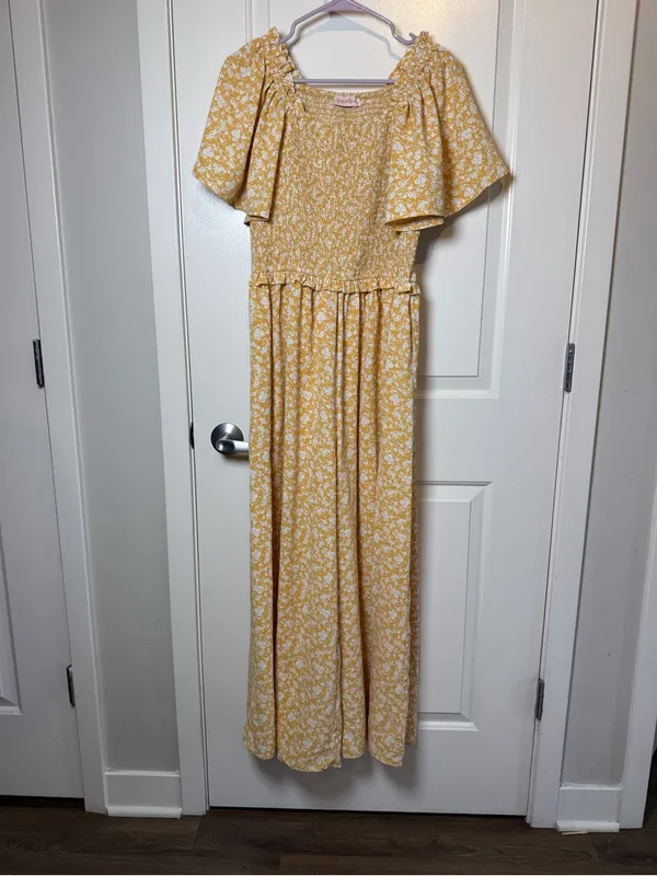 Smocked Bodice Wide-Leg Jumpsuit in Mustard Floral - Image 2