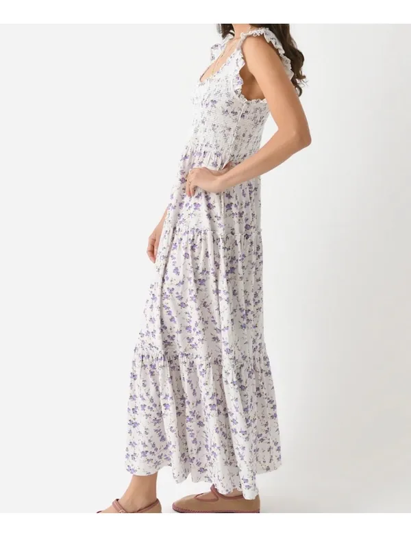 LoveShackFancy Chessie Smocked Floral Ruffle Sleeve Midi Dress - Image 3