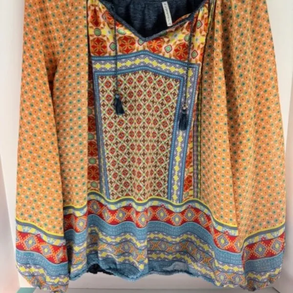 Passports Woman Peach Blue Long Raglan Sleeve V Neck Pullover Blouse Size XL - Image 7