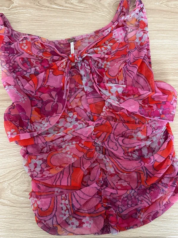 Free People Small Tell Me More Top Mesh Reversible Pink Ruch Floral Y2K Hippie - Image 2