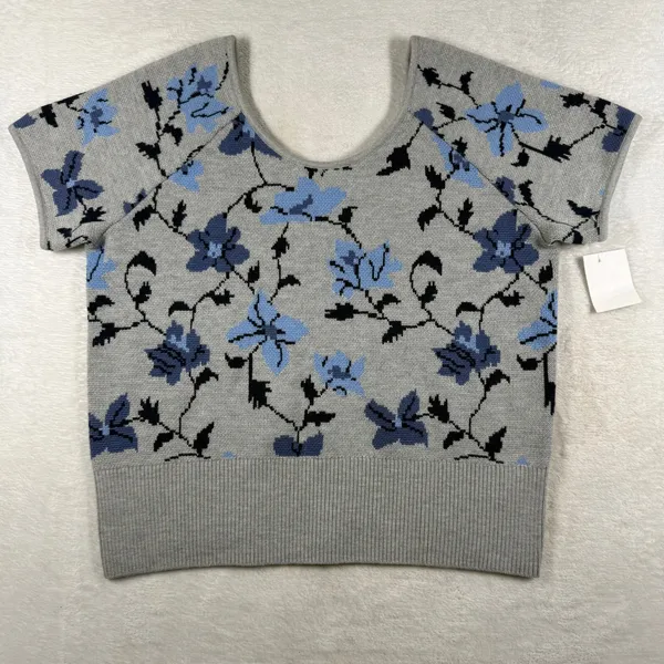 Club Monaco Women Floral Jacquard Wool Knit Tee Grey Blue Short Sleeve Large L - Image 8