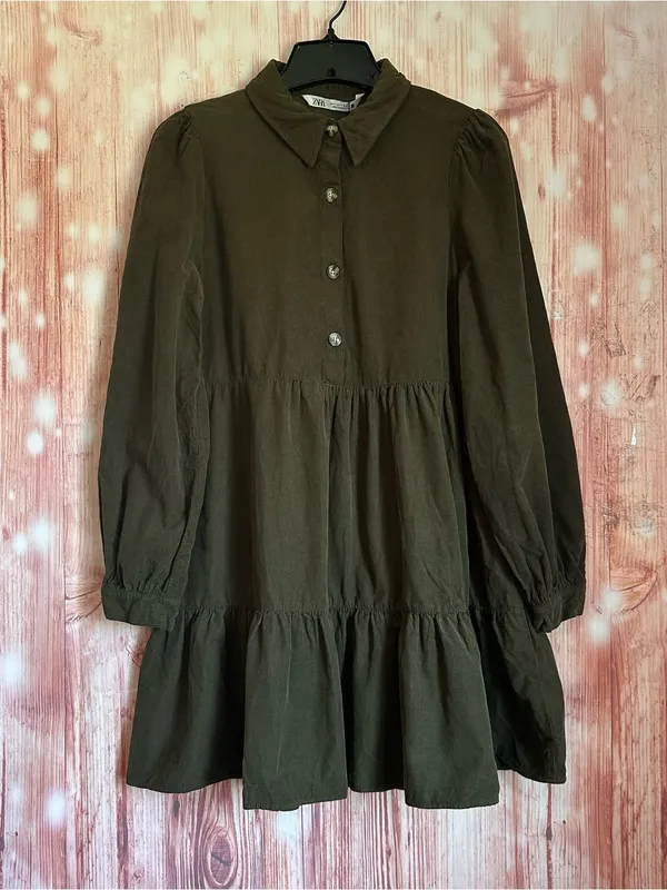 Zara Olive Green Corduroy Long Sleeve Tiered Ruffle Mini Dress Size S - Image 2
