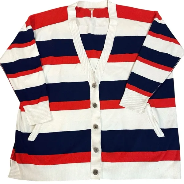 Free People League Of Her Own Cardigan Sweater Americana Stripes Preppy Large - Image 3