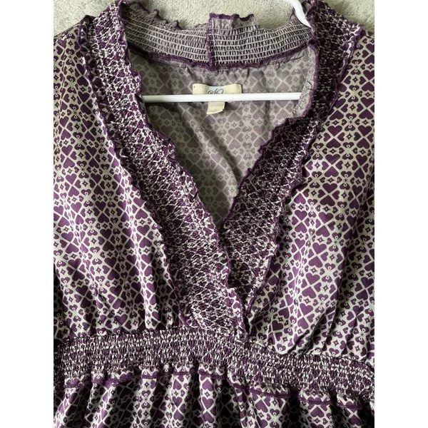 Vintage Y2K Purple Geometric Print Babydoll Top Smocked Waist Ruffle Trim Boho L - Image 3