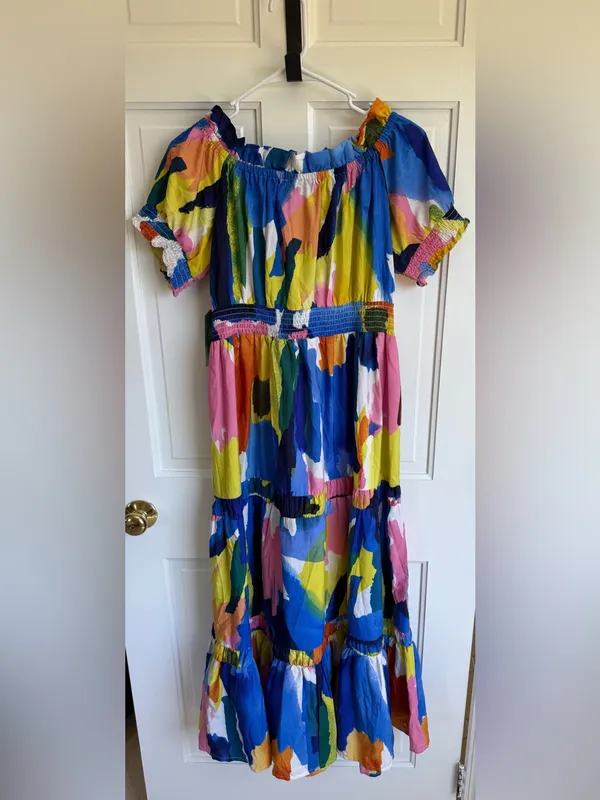 True Destinations Off Shoulder Abstract Print Maxi Dress‎ Medium NWT - Image 4