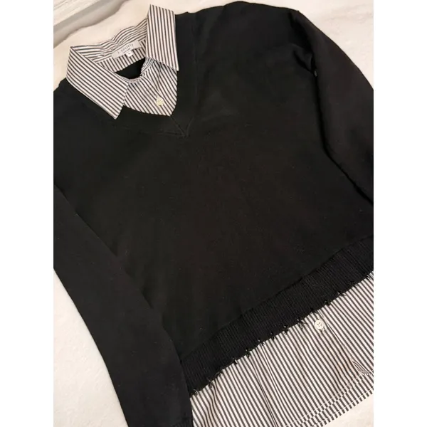 J. Society Layered Sweater Shirt S Black V-Neck Striped Collar Distressed Hem - Image 8