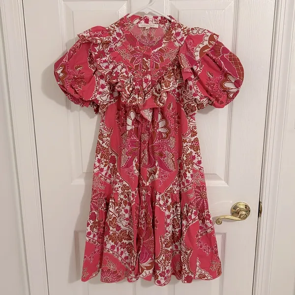 Love The Label Tatiana Floral Mini Ruffle Dress Clementine Pink Print Size Small - Image 4
