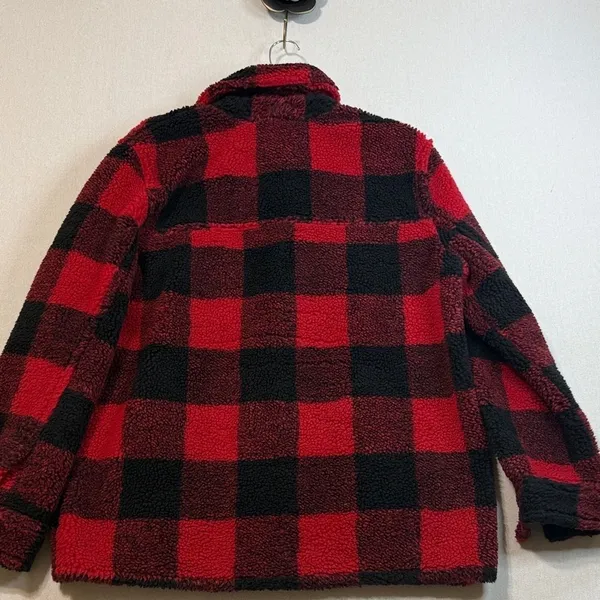 GAP Red and Black Plaid Teddy Jacket - Image 9