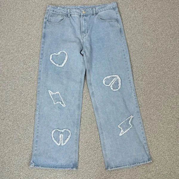Q&J Jeans Patchwork Hearts Wide Leg High Rise‎ Jeans Large Boho Streetwear - Image 3
