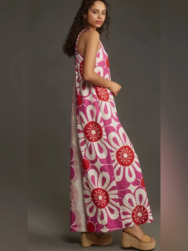 Farm Rio Maia Linen Jumpsuit Bold Floral Fuchsia & Red Size Small - Image 3