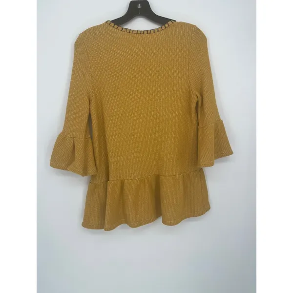 THML Textured Peplum Bell Sleeve Top Women M Mustard Whipstitch Crew Neck Boho - Image 2