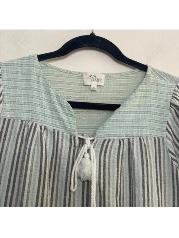 Ava James Mint and Grey Striped Cap Sleeve Babydoll Blouse Top Career Office - Image 2