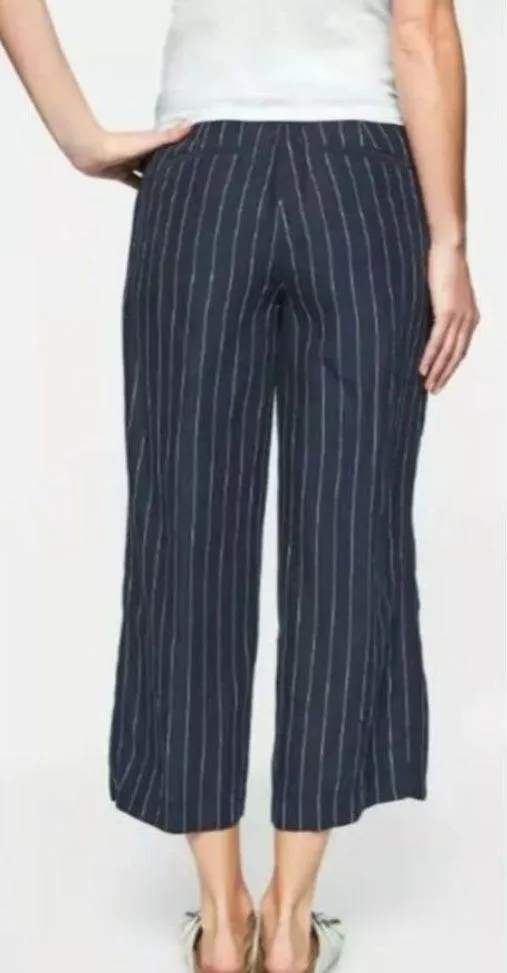 Athleta Linen Pants Womens 2 Bali Wide Leg Cropped Blue Stripe Beachy Pockets - Image 2