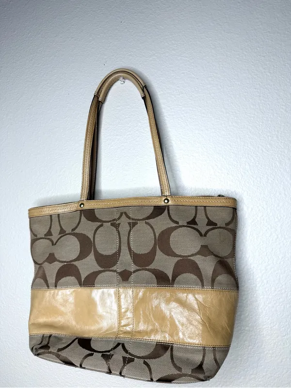 COACH Y2K Vintage Signature Monogram Metallic Tan Leather Stripe Tote Bag Preppy - Image 5