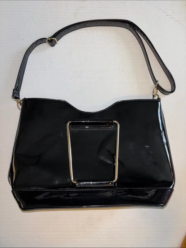 Black Patent Leather Shoulder Bag Has Gold Toned Handles Too!Very Good Condition - Image 5