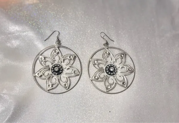 Ann Taylor Sheer Black Lace Top + Silver Floral Statement Earrings | Chic bundle - Image 4