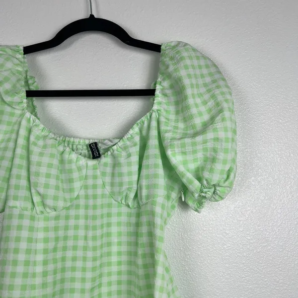 H&M Divided‎ Women Green Gingham Puff Sleeve Sweetheart Dress M - Image 2