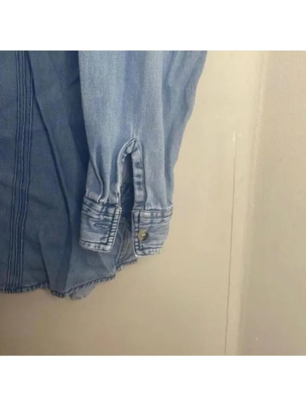 Vintage Denim Chambray Long Sleeve Button Up Top Floral Embroidery 90s - Image 5