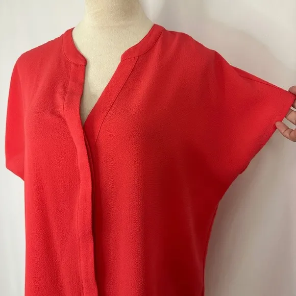 Adrianna Papell Blouse Top V-Neck‎ Short Sleeve Button Up Orange Red Women Large - Image 6