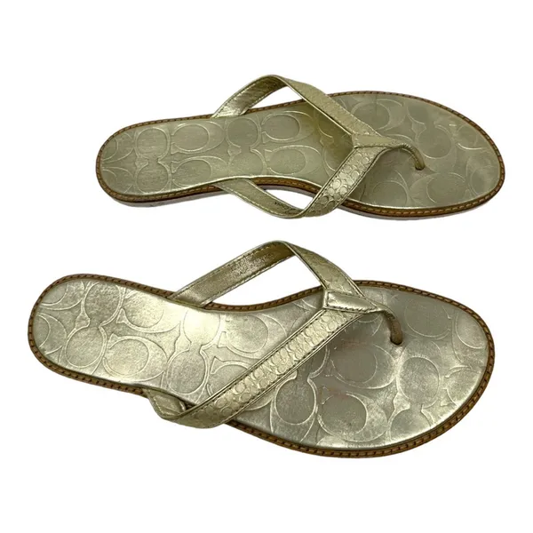 Coach Gold Leather Thong Sandals Signature Logo Flip Flops Size 8.5 - Image 5