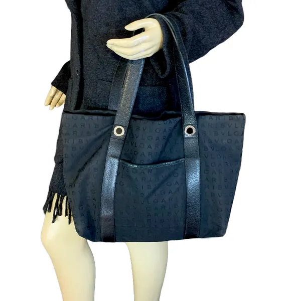 Bvlgari "Logo Mania" Black Signature Print Canvas Tote Bag With Leather Trim - Image 4