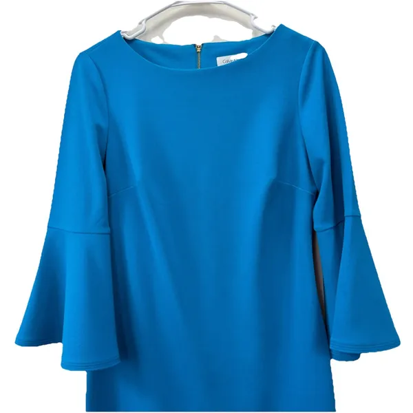 Calvin Klein Turquoise Blue‎ 3/4 Bell Sleeve Stretch Crepe Sheath Dress Size 6 - Image 4