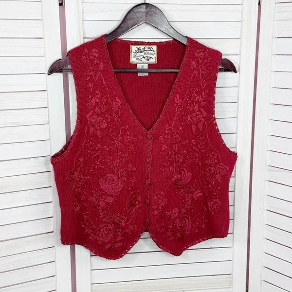 Vintage 90s Heirloom Collectibles Embroidered Beaded Sweater Vest‎ Red Medium - Image 7