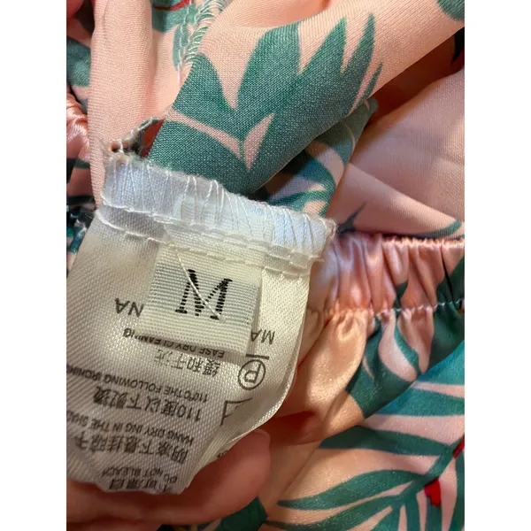 Women's Sz Medium Pajama Set Sleeveless Light Pink Green Palm Print Satin V-Neck - Image 7
