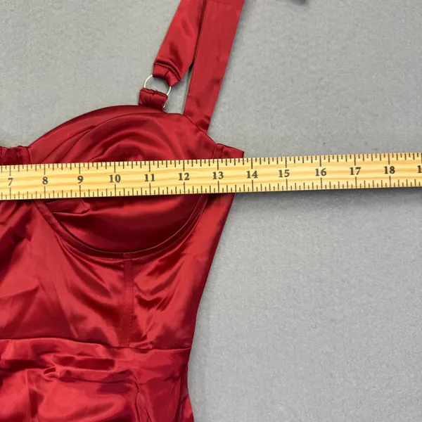 Heiress Beverly Hills Red Satin Ruched Bustier Midi Dress XS Bodycon Glam - Image 3
