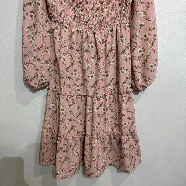 AS U WISH Pink Floral Smocked Long Sleeve Mini Dress Sz M - Image 4