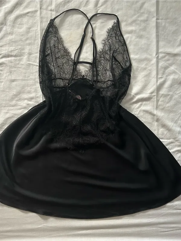 Victoria’s Secret Black Satin Lace Slip Dress Chemise Large Coquette Y2K Style - Image 4
