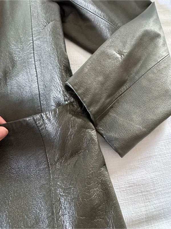 Bagatelle Olive Green Long Leather Jacket, size 14 - Image 11