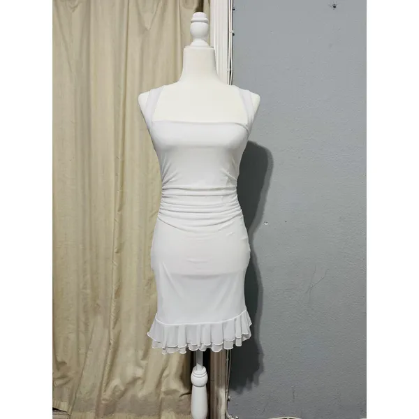 Fairy White Ruched Mesh Ruffle Hem Bodycon Lined Dress Square Neck Sleeveless‎ S - Image 2