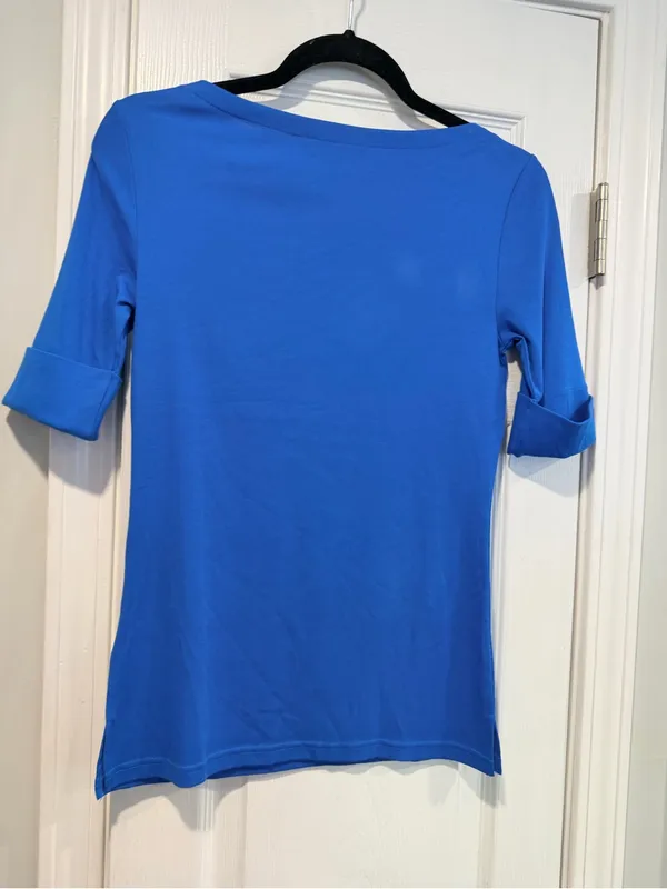 NWOT LRL Lauren Ralph Lauren Size S Blue Boat Neck Cuffed Sleeve Top Cotton - Image 12