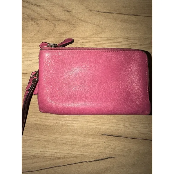 Coach Double‎ Corner Zip Pebble Leather Wristlet Dahlia - F64130 READ F - Image 3