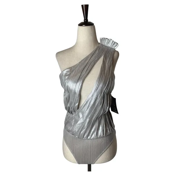 Retrofête Cassie Bodysuit Women XS Silver Metallic One Shoulder NWT‎ Party Club - Image 2