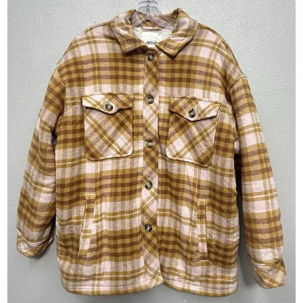 Aerie Womens Shacket Shirt Jacket Small Yellow Pink Plaid Flannel Sherpa Lined - Image 2
