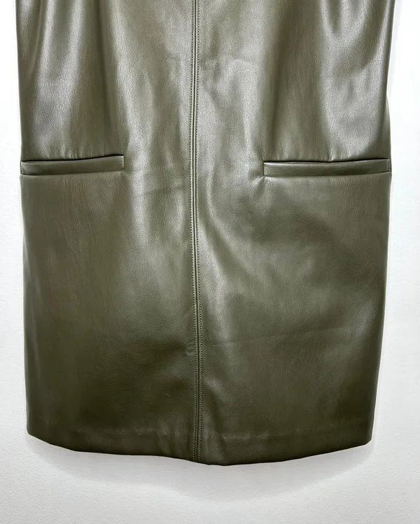 Green Faux Leather Front Pocket Mini Shift Dress Layering - Image 4